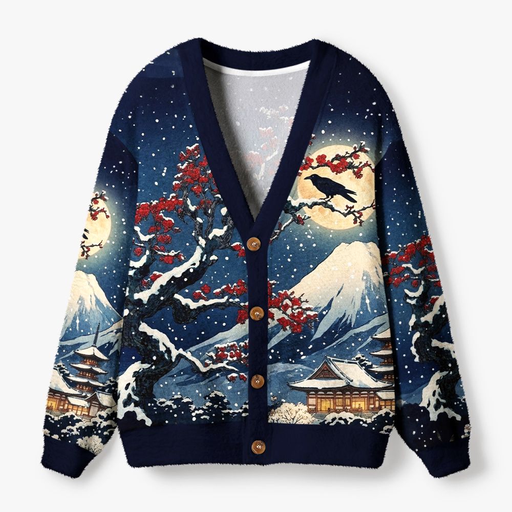 Kyoto-Lion Fuji Snow Plum Blossoms Ugly Cardigan Sweater