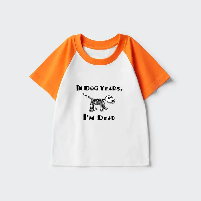 dead in dog years humor shirt for kids on sale