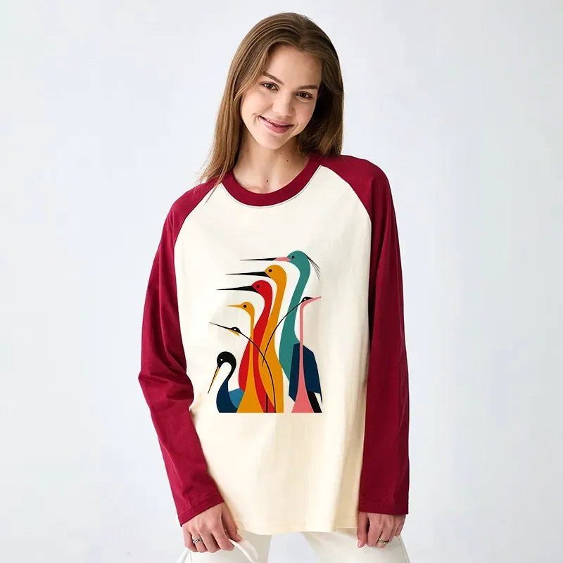 Kyoto-Lion Various Types Of Cranes Raglan Long Sleeve T-shirt
