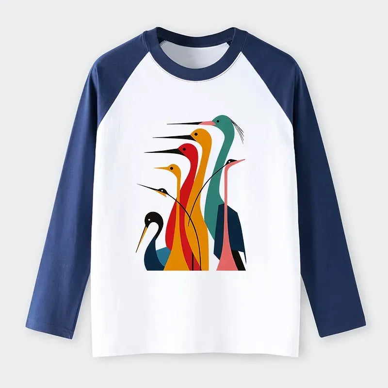 Kyoto-Lion Various Types Of Cranes Raglan Long Sleeve T-shirt