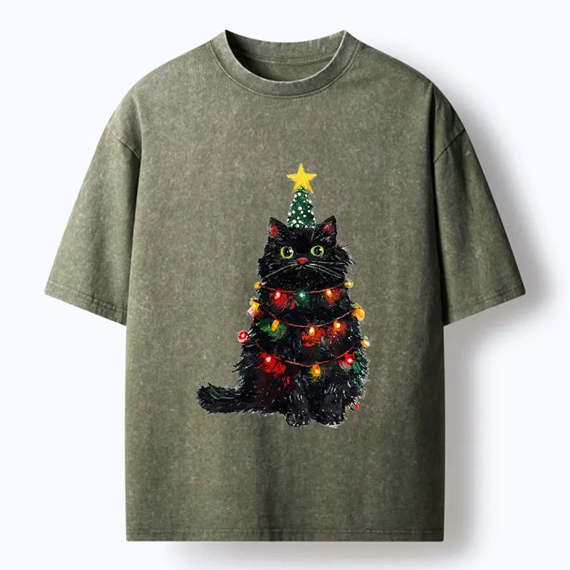 Kyoto-Lion Christmas Cat Lights Washed T-shirt