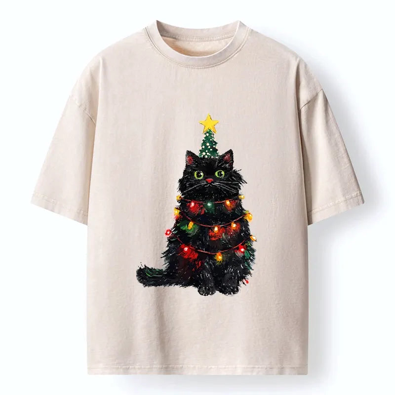 Kyoto-Lion Christmas Cat Lights Washed T-shirt