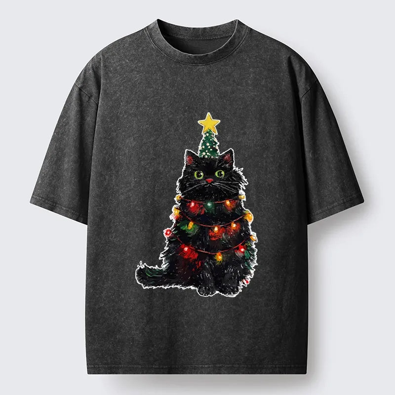 Kyoto-Lion Christmas Cat Lights Washed T-shirt