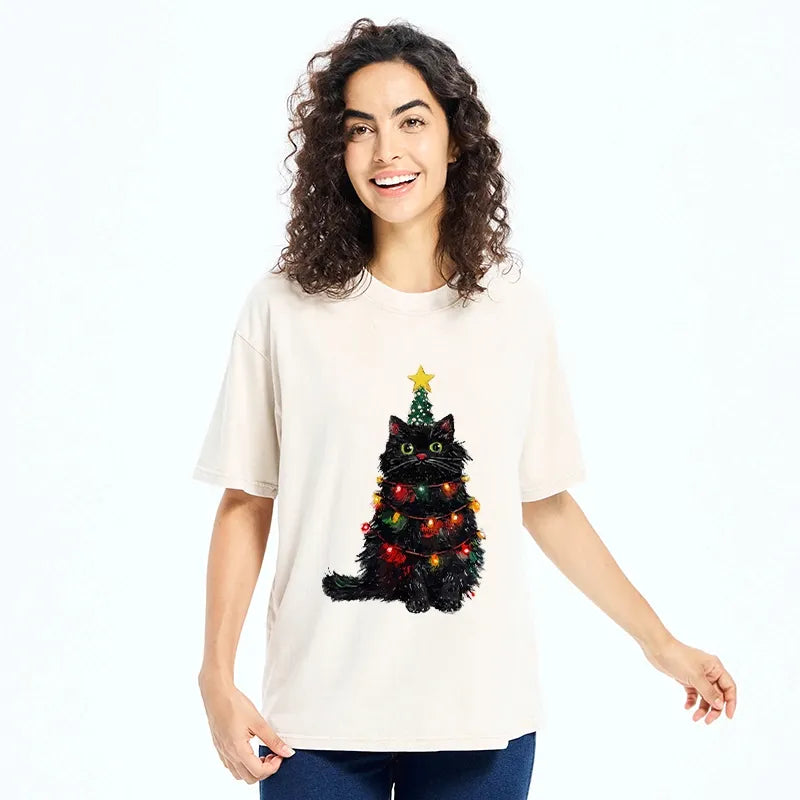 Kyoto-Lion Christmas Cat Lights Washed T-shirt