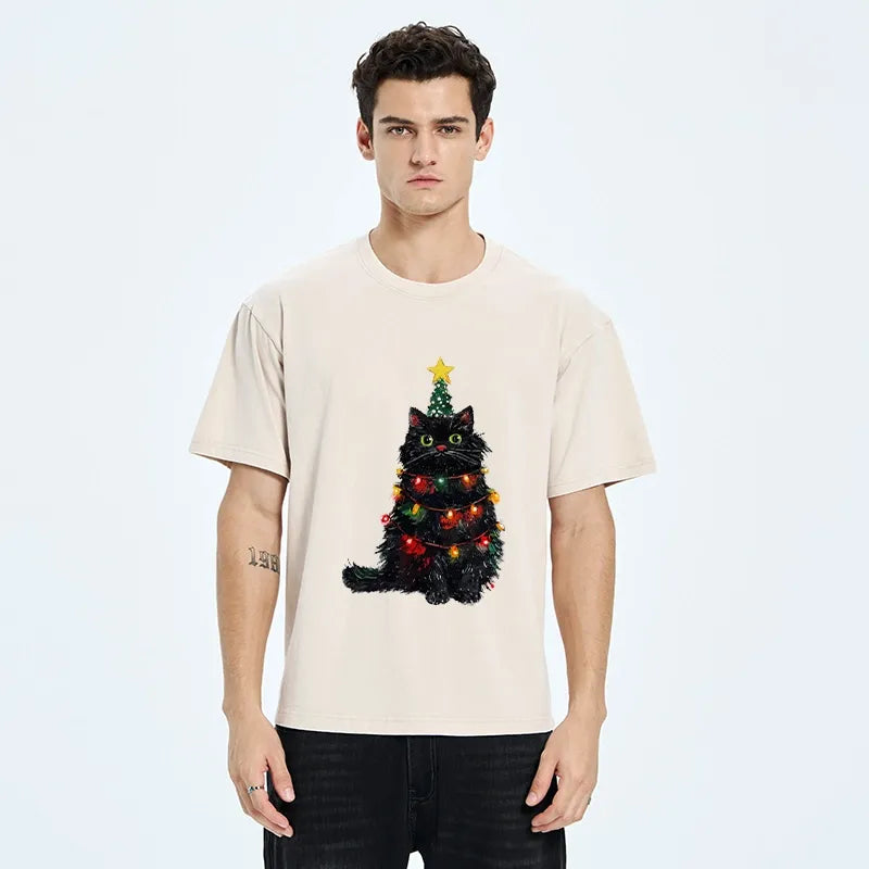 Kyoto-Lion Christmas Cat Lights Washed T-shirt