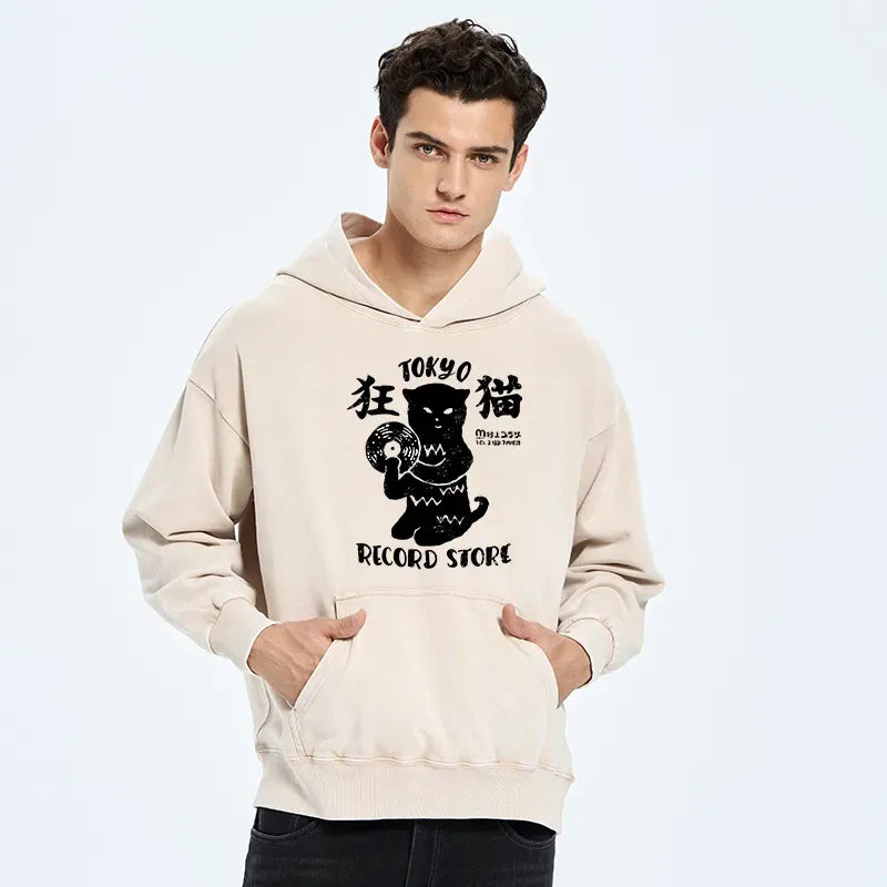 Kyoto-Lion Tokyo Record Store Cat CD Washed Hoodie