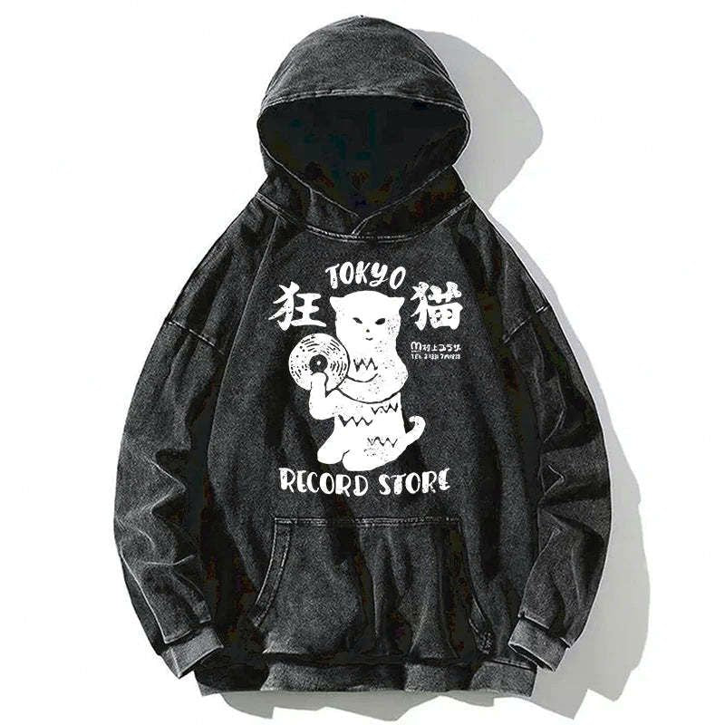 Kyoto-Lion Tokyo Record Store Cat CD Washed Hoodie