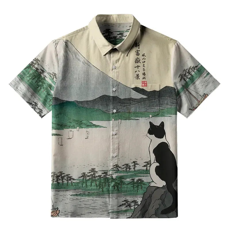 Japanese Cat Button-up Shirt for Daily Wear