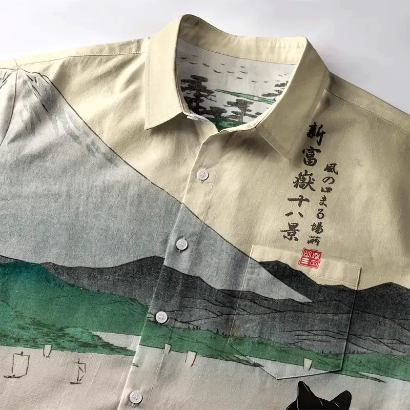 Kyoto-Lion Cat Overlooking Lakeside View Button-up Shirt