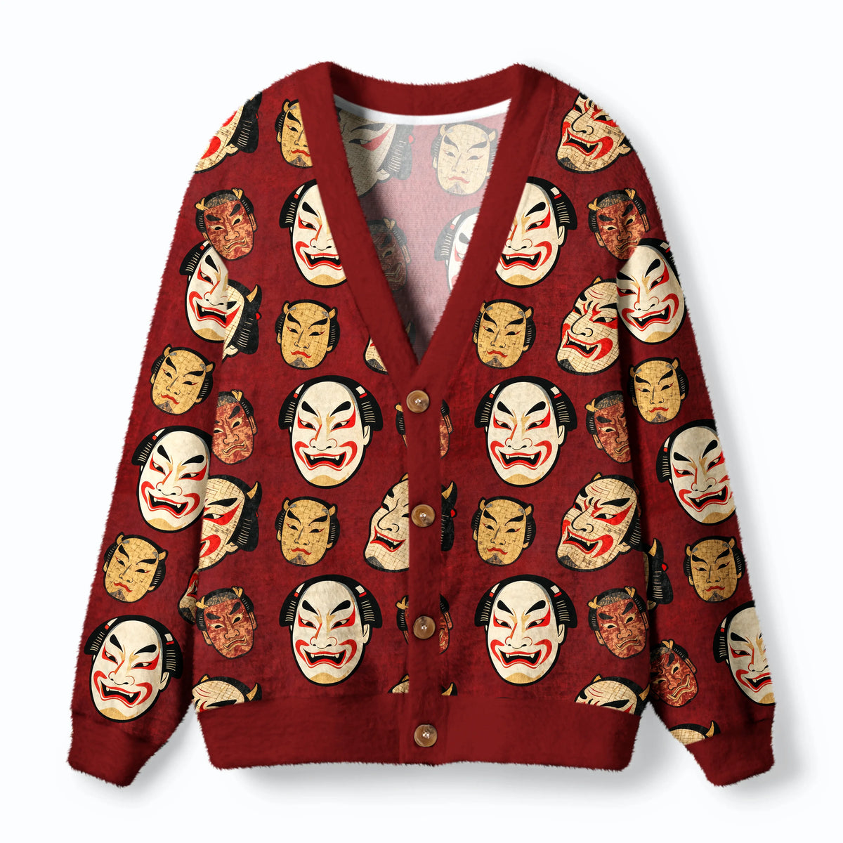 Kyoto-Lion Japanese Mask Ugly Cardigan Sweater