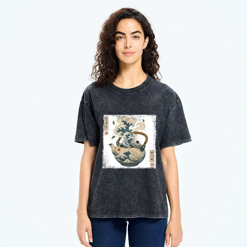 Kyoto-Lion Blue Great Wave Classic Teapot Artwork Washed T-Shirt