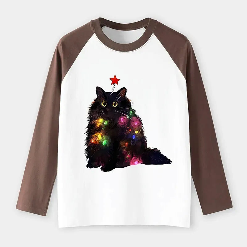 Kyoto-Lion Christmas Lights Cat Raglan Long Sleeve T-shirt