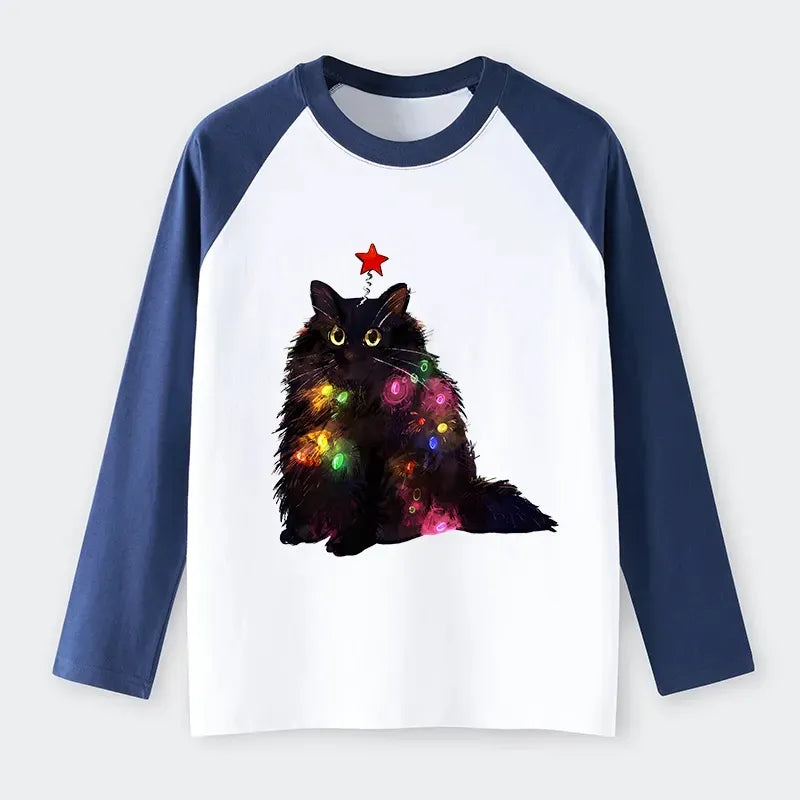 Kyoto-Lion Christmas Lights Cat Raglan Long Sleeve T-shirt