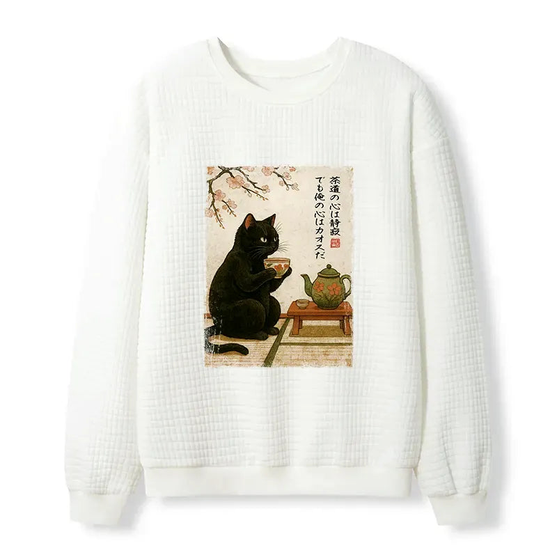 Kyoto-Lion Tea Time With A Black Cat Waffle Sweatshirt