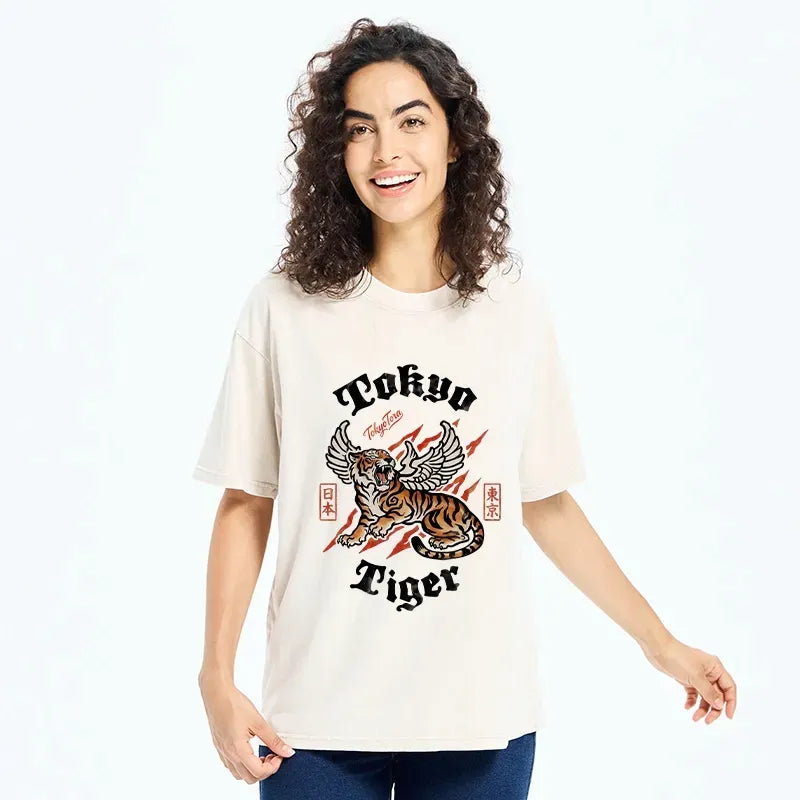 Japanese lion wings art washed t-shirt on sale