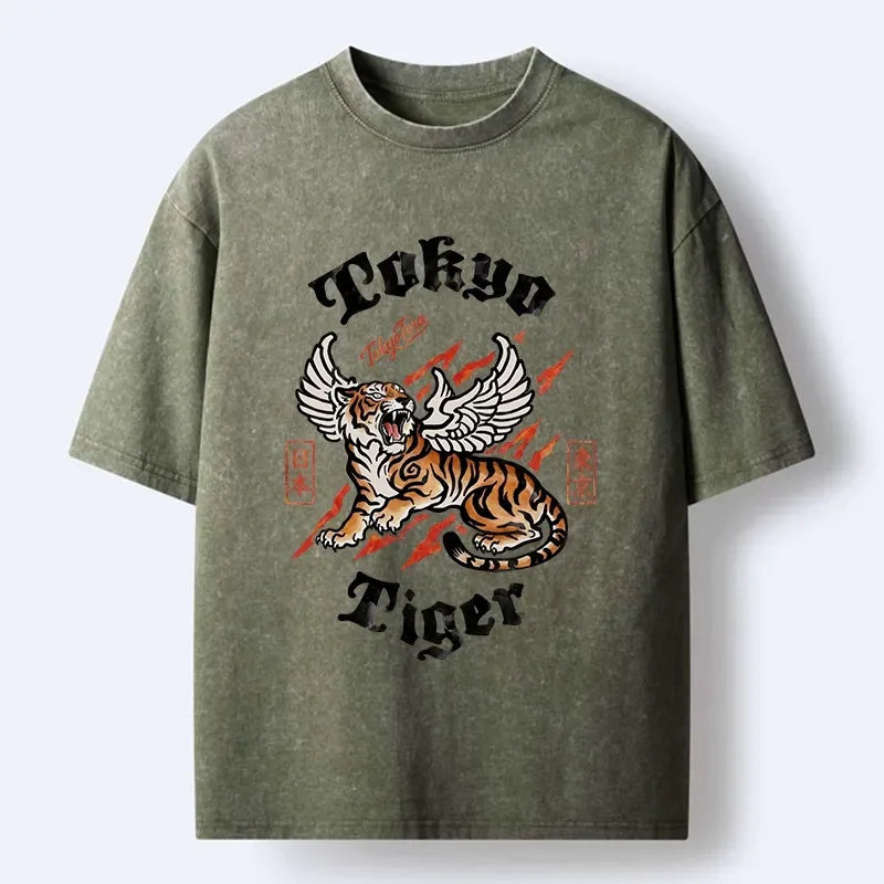 Japanese lion wings art washed t-shirt on sale