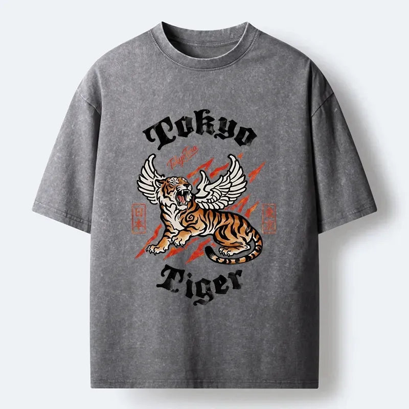 Japanese lion wings art washed t-shirt on sale