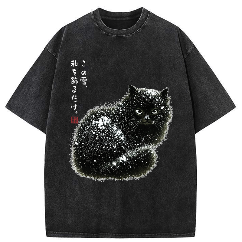 Kyoto-Lion Black Cat Adorned by Snow Washed T-Shirt