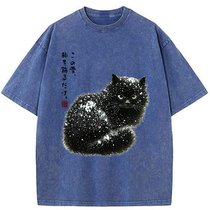 Snow Washed Black Cat Japanese T-Shirt