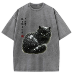 Snow Washed Black Cat Japanese T-Shirt