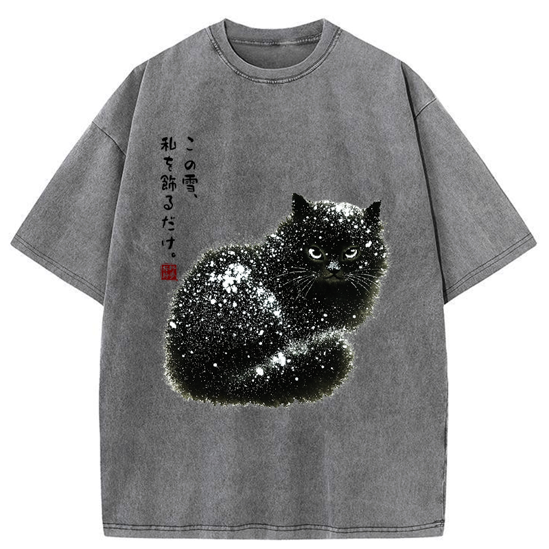 Snow Washed Black Cat Japanese T-Shirt
