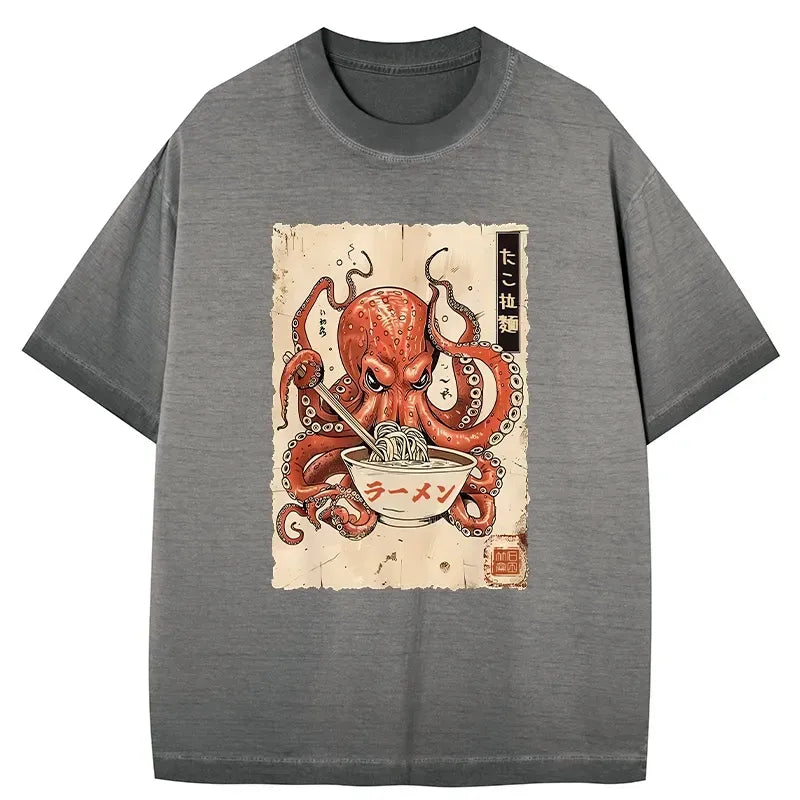 Kyoto-Lion Retro Octopus Eating Ramen Gradient Washed T-Shirt
