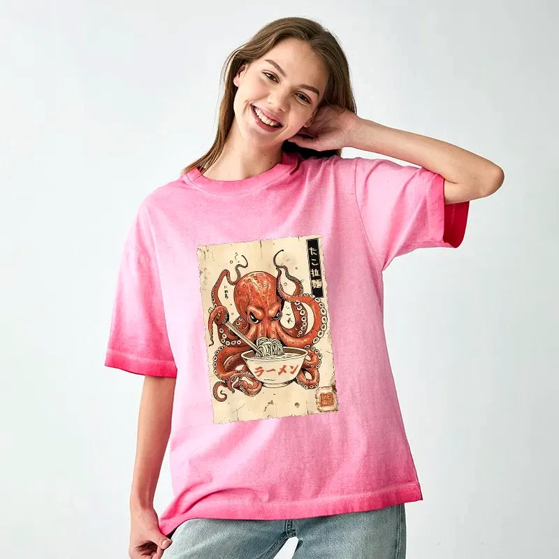 Kyoto-Lion Retro Octopus Eating Ramen Gradient Washed T-Shirt