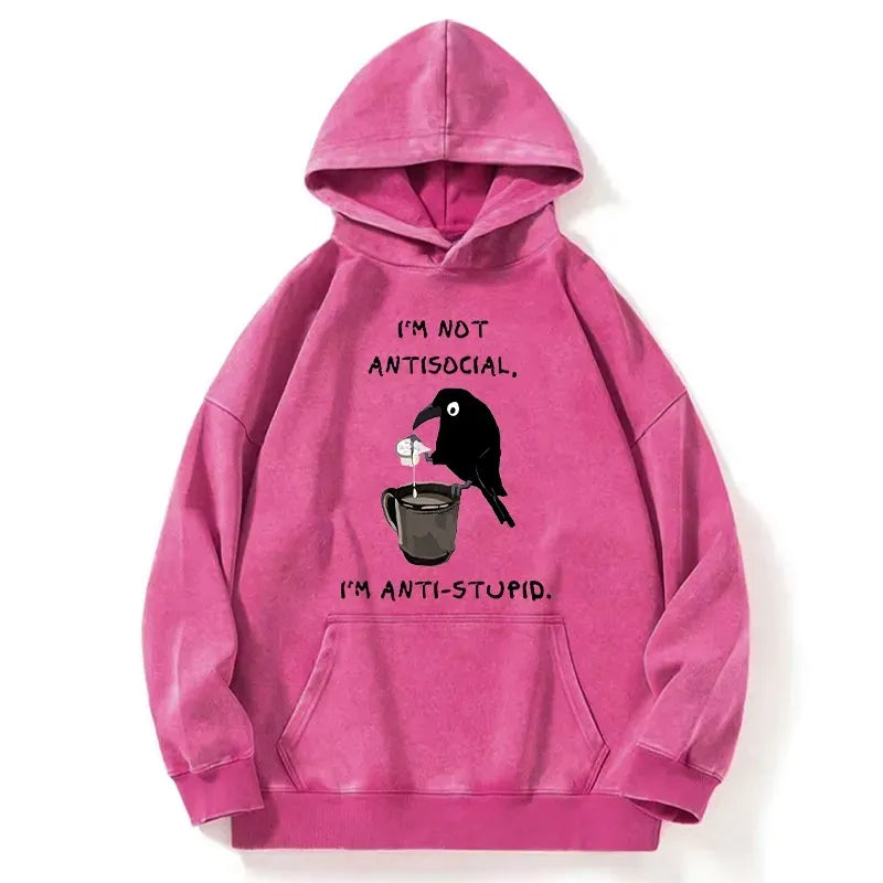 Kyoto-Lion Cool Crow Sips Calm Coffee Alone Washed Hoodie