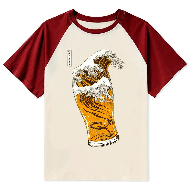 Kyoto-Lion Great Beer Wave Print Raglan T-shirt
