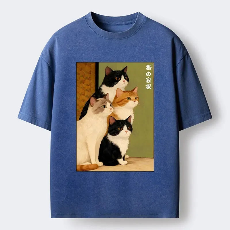 Kyoto-Lion Funny Japanese Cat Family Portrait Washed T-Shirt