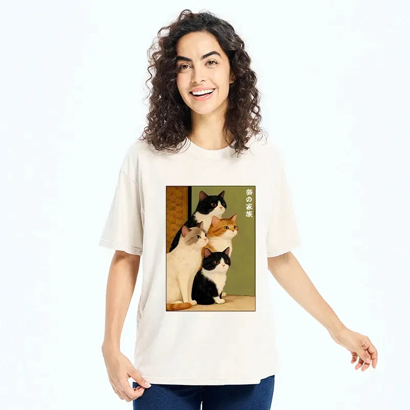 Kyoto-Lion Funny Japanese Cat Family Portrait Washed T-Shirt