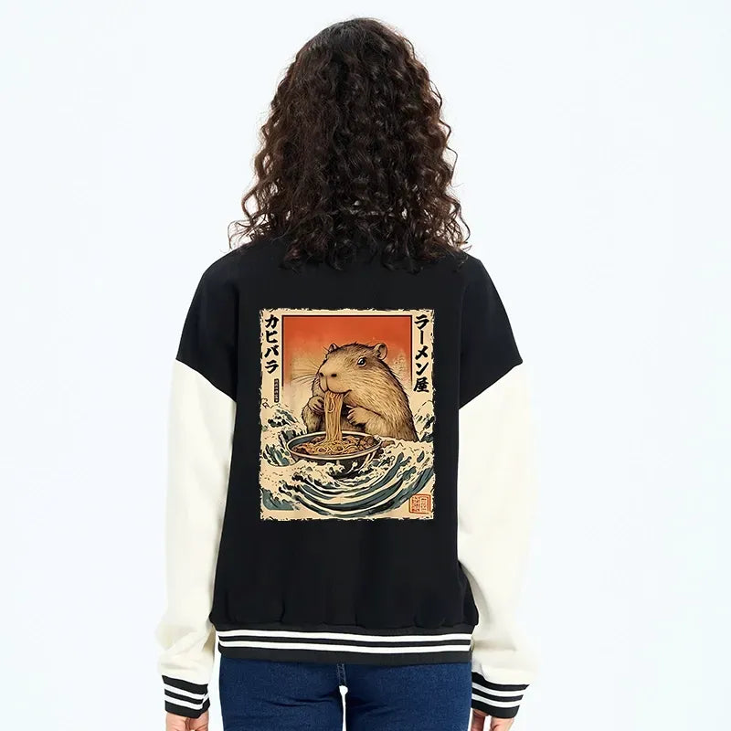Kyoto-Lion Hamster Eating Ramen Embroidery Varsity Jacket