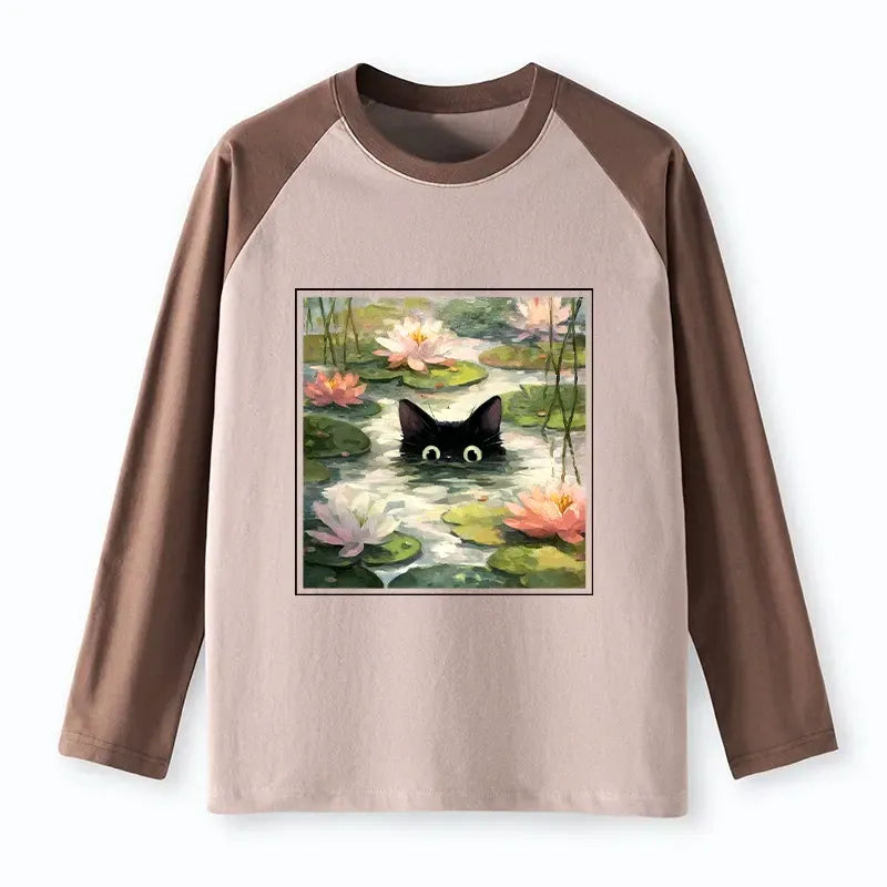 Kyoto-Lion Black Cat and Lotus Flower Raglan Long Sleeve T-shirt