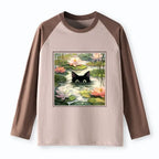 Kyoto-Lion Black Cat and Lotus Flower Raglan Long Sleeve T-shirt