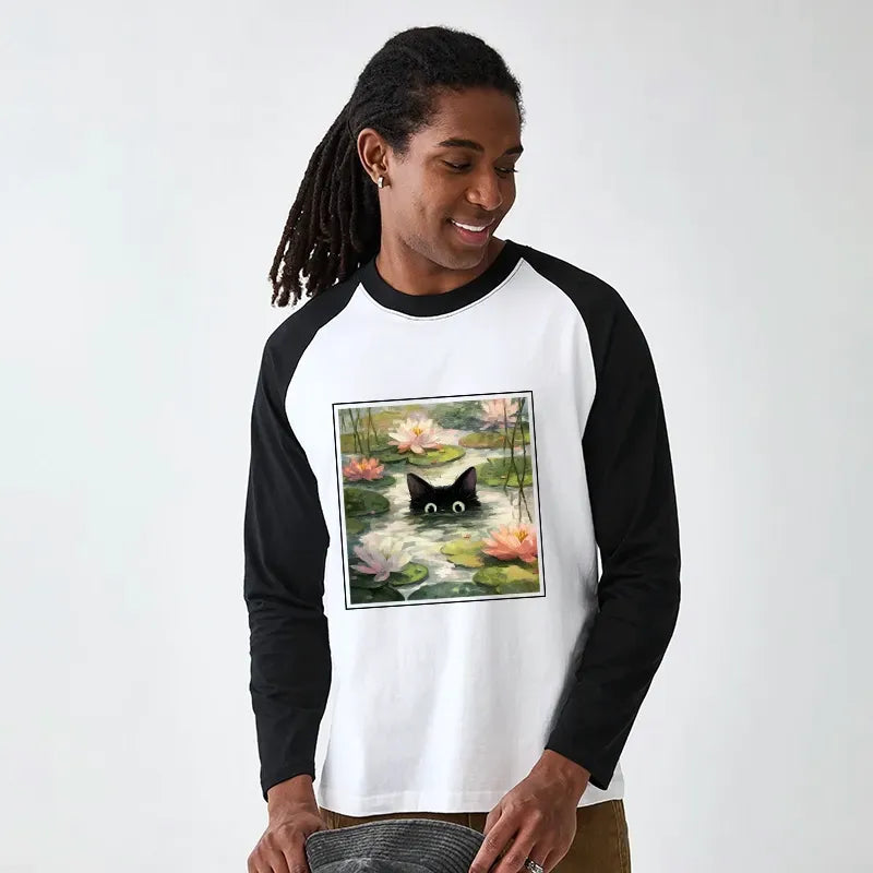 Japanese black cat lotus raglan tee