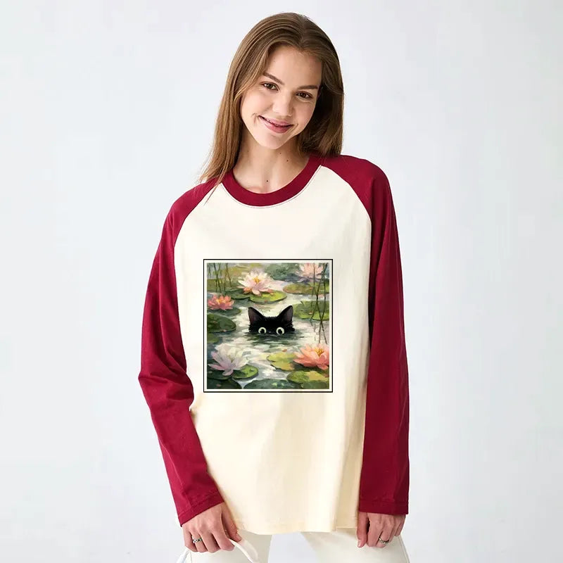Black cat lotus flower streetwear top