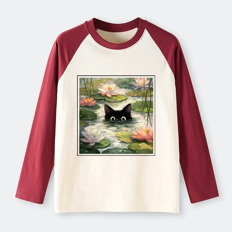 Japanese black cat lotus raglan tee