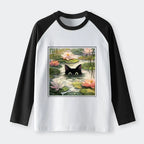 Kyoto-Lion Black Cat and Lotus Flower Raglan Long Sleeve T-shirt