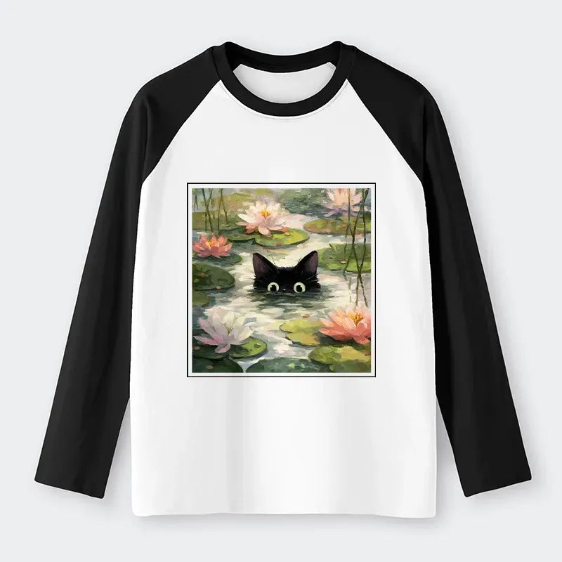 Black cat lotus flower streetwear top