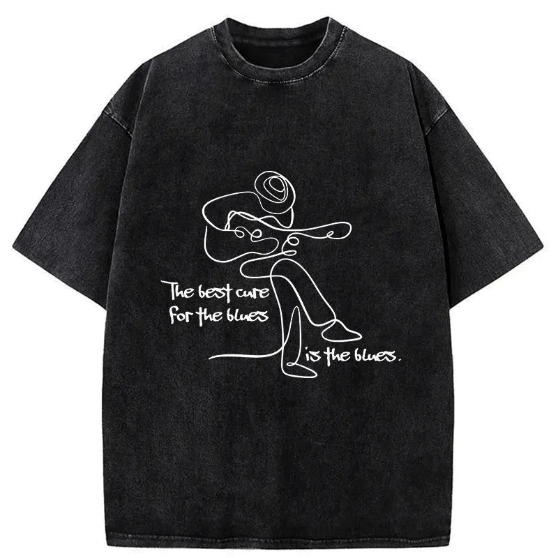 Kyoto-Lion Funny Simple Line Playing the Guitar Washed T-Shirt