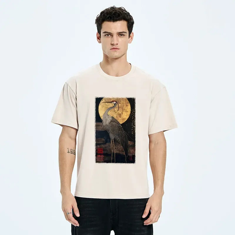 Kyoto-Lion Golden Crane Under The Full Moon Washed T-Shirt
