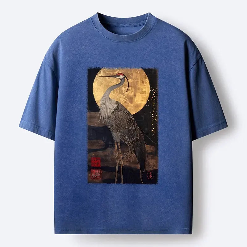 Kyoto-Lion Golden Crane Under The Full Moon Washed T-Shirt