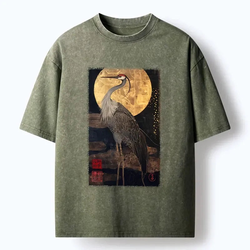 Kyoto-Lion Golden Crane Under The Full Moon Washed T-Shirt