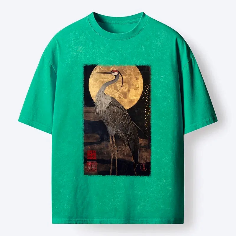 Washed cotton t-shirt with golden crane