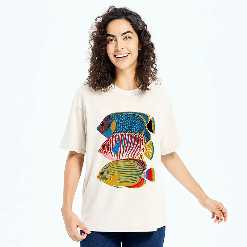 Japanese Tropical Fish Washed T-Shirt for Summer