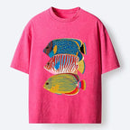 Kyoto-Lion Three Bright Tropical Ocean Fish Washed T-Shirt