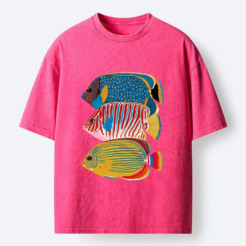 Kyoto-Lion Three Bright Tropical Ocean Fish Washed T-Shirt