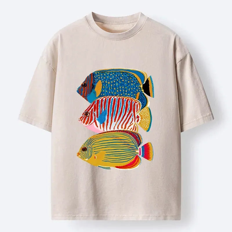 Kyoto-Lion Three Bright Tropical Ocean Fish Washed T-Shirt