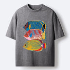 Kyoto-Lion Three Bright Tropical Ocean Fish Washed T-Shirt