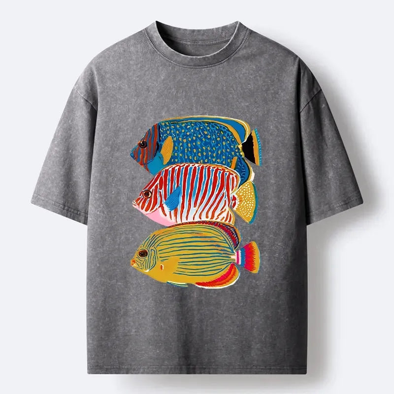 Kyoto-Lion Three Bright Tropical Ocean Fish Washed T-Shirt
